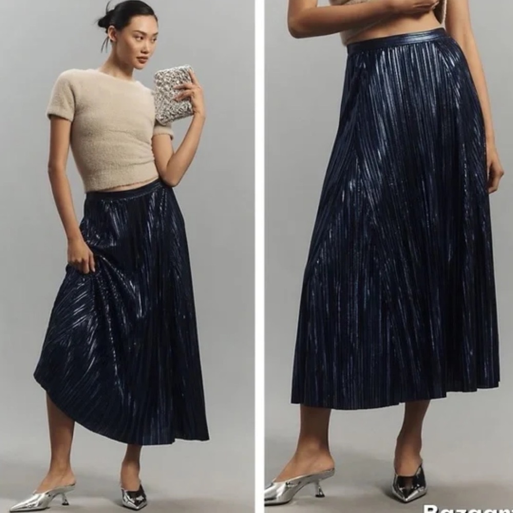 Anthropologie Shimmering Midnight Blue Midi Skirt